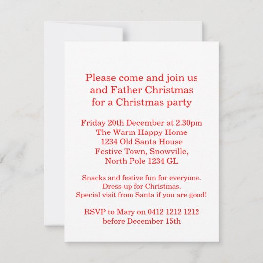 Kinder Kerstman feestuitnodiging wit & rood Kaart (Achterkant)