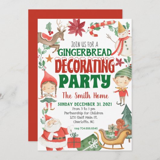 Kinder kerstontbijtkoek ter decoratie van Uitnodig Kaart (Voorkant / Achterkant)