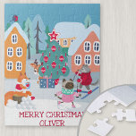 Kinder kerstscène met Woodland Animals Legpuzzel<br><div class="desc">Gepersonaliseerde puzzel voor kinderen met een schattige kerstscène met bos. De sjabloon is klaar voor gebruik om de naam van uw kind in de sneeuw toe te voegen en u kunt desgewenst de tekst met de tekst "Vrolijk kerstfeest" wijzigen. De kerstsneeuwscène heeft boedlanddieren die genieten van de sneeuw op hun...</div>