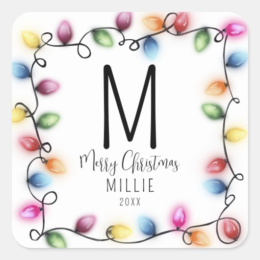 Kinder kerstverlichting monogram vierkante sticker (Voorkant)