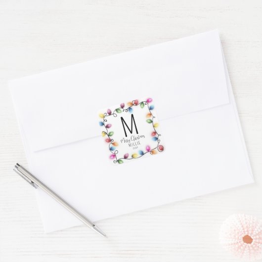Kinder kerstverlichting monogram vierkante sticker (Envelop)