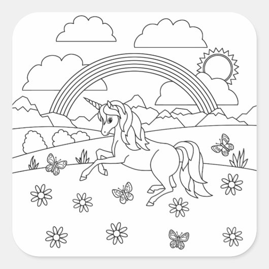 Kinder kleur me Unicorn regenboog Vierkante Sticker (Voorkant)