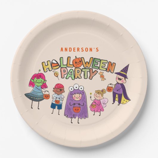 Kinder Kleurrijke Halloween Kostuum Party Papieren Bordje (Voorkant)