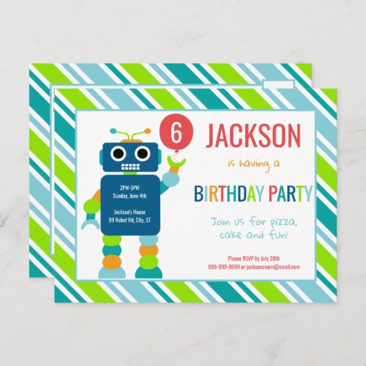 Kinder kleurrijke robotverjaardagsuitnodiging Brie Uitnodiging Briefkaart (Voorkant / Achterkant)
