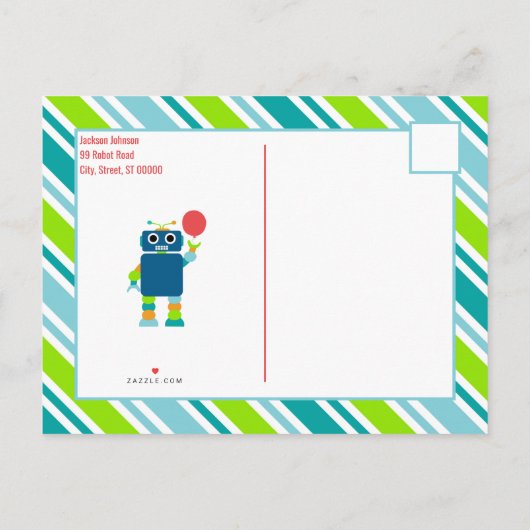 Kinder kleurrijke robotverjaardagsuitnodiging Brie Uitnodiging Briefkaart (Achterkant)