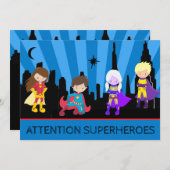 *~* Kinder kleurrijke SUPERHEROS Bold Birthday Par Kaart (Voorkant / Achterkant)