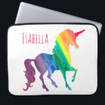 Kinder Koel Kleurrijke Waterverf Regenboog Unicorn Laptop Sleeve<br><div class="desc">Cool Rainbow Waterverf Unicorn Kinder Laptop Neopree Hoesje. Pas dit leuke en kleurrijke unicorn cadeau aan in een roze lichtroze lettertype. Silhouette eenhoorn in een regenboog van waterverf penseelstreken van rood, oranje, geel, groen, blauw en paars. De witte achtergrond laat de heldere kleuren prachtig uitkomen. Fun gift voor kinderen, tweens...</div>