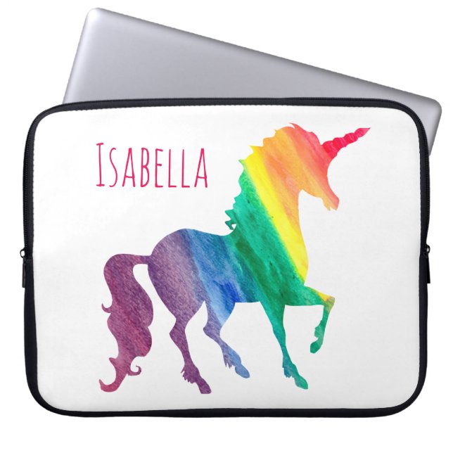 Kinder Koel Kleurrijke Waterverf Regenboog Unicorn Laptop Sleeve (Voorkant)