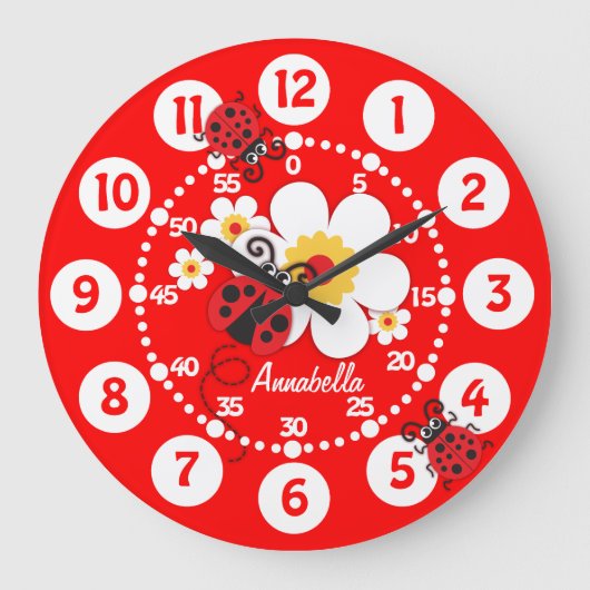 Kinder ladybug en bloemen fel rode muur klok (Voorkant)