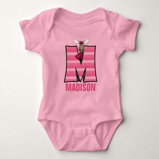 Kinder letter M Monogramed Pink Knit Moose Romper (Voorkant)