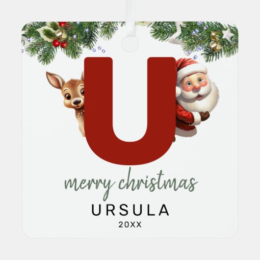 Kinder letter U monogram kerstboom Metalen Ornament (Voorkant)