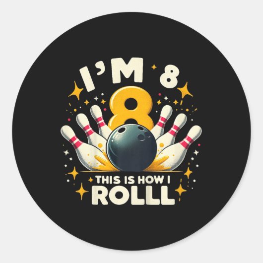 Kinder leuke bowling verjaardagsfeestje ik ben 8 d ronde sticker (Voorkant)