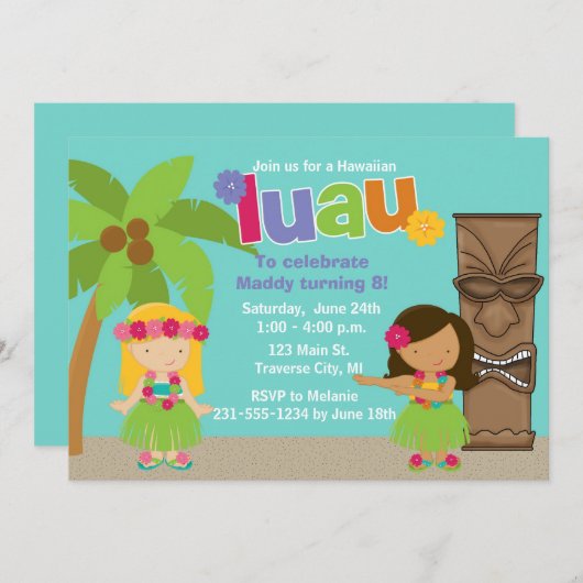 Kinder Luau-partij in Hawaiian Kaart (Voorkant / Achterkant)
