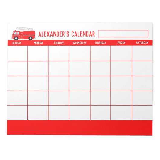 Kinder maandelijkse kalender voor Red Fire Truck Notitieblok (Voorkant)