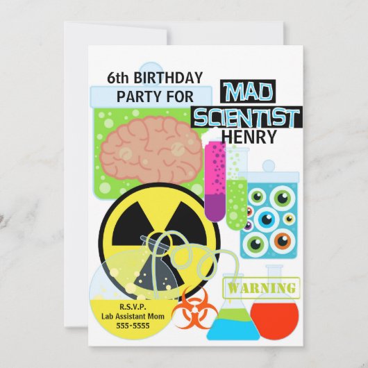Kinder Mad Scientist Science Lab Verjaardagsuitnod Kaart (Voorkant)