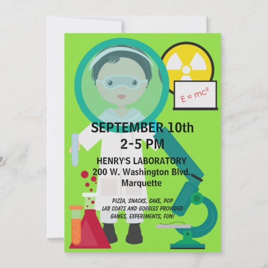 Kinder Mad Scientist Science Lab Verjaardagsuitnod Kaart (Achterkant)