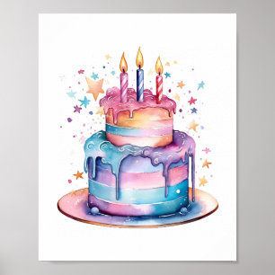 Kinder magische verjaardagswensen - Waterverf Cake Poster