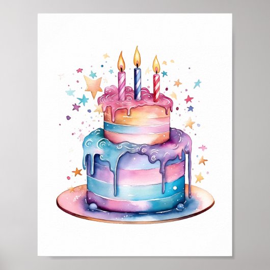 Kinder magische verjaardagswensen - Waterverf Cake Poster (Voorkant)