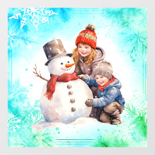 kinder maken van een sneeuwpop raamsticker