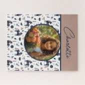 Kinder Marine Beige Eenhoorn Custom Foto met Naam Legpuzzel (Horizontaal)