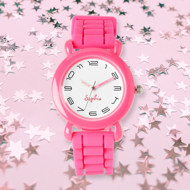 Kinder Meisjes Modern Chic Roze Aangepaste Naam Mo Horloge (Kids Girls Modern Chic Pink Custom Name Monogram Watch)