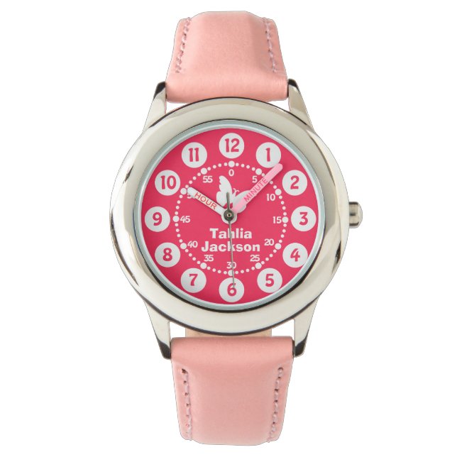 Kinder meisjes roze & wit volledige naam polshorlo horloge (Voorkant)