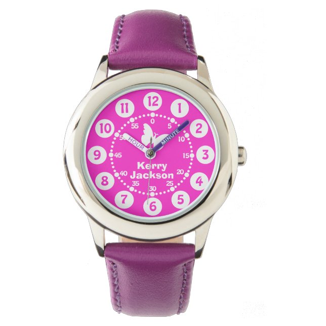 Kinder meisjes roze & wit volledige naam polshorlo horloge (Voorkant)
