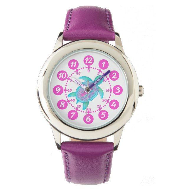 Kinder meisjes roze & witte schildpad harten polsh horloge (Voorkant)