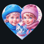 Kinder met blauw en roze Kittens Kerst Hart Sticker<br><div class="desc">Schattig klein  meisje en jongen in roze en blauw houden kittens met een bloemige en besneeuwde achtergrond. Voeg een zoete retro of nostalgische sfeer toe aan je kerstkaarten of feesttassen!</div>