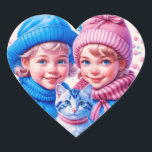 Kinder met blauw en roze Kittens Kerst Hart Sticker<br><div class="desc">Schattig klein  meisje en jongen in roze en blauw houden kittens met een bloemige en besneeuwde achtergrond. Voeg een zoete retro of nostalgische sfeer toe aan je kerstkaarten of feesttassen!</div>