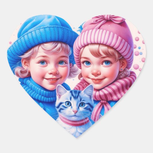 Kinder met blauw en roze Kittens Kerst Hart Sticker (Voorkant)