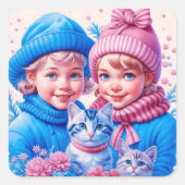 Kinder met blauw en roze Kittens Kerst Vierkante Sticker (Voorkant)