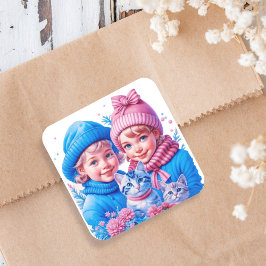 Kinder met blauw en roze Kittens Kerst Vierkante Sticker