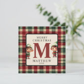 Kinder Monogram Kerst Elf Foto Kerstmis Feestdagenkaart (Staand voorkant)