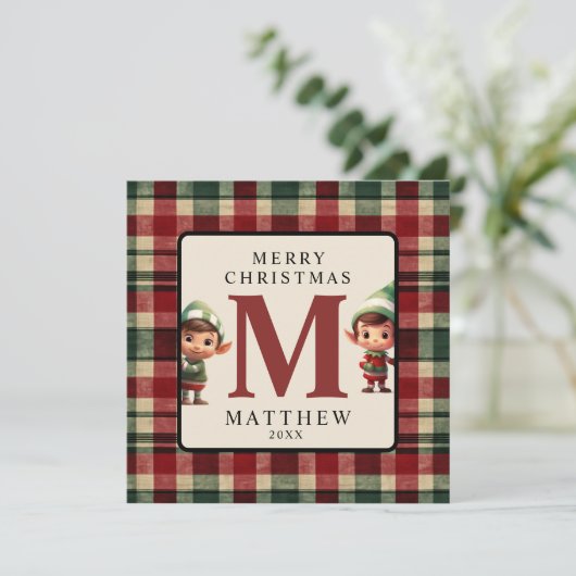 Kinder Monogram Kerst Elf Foto Kerstmis Feestdagenkaart (Staand voorkant)