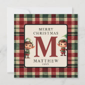 Kinder Monogram Kerst Elf Foto Kerstmis Feestdagenkaart (Voorkant)