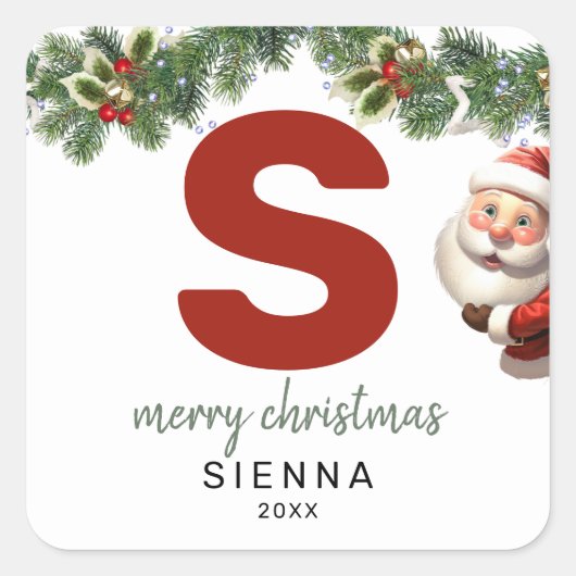 Kinder Monogram Kerst Vierkante Sticker (Voorkant)