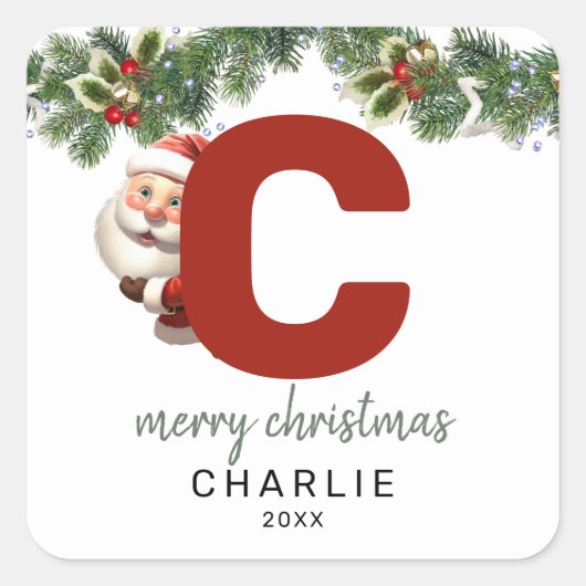 Kinder Monogram Kerst Vierkante Sticker (Voorkant)