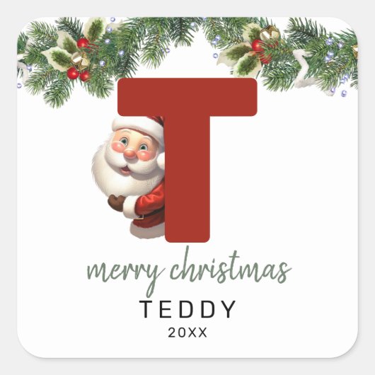 Kinder Monogram Kerst Vierkante Sticker (Voorkant)