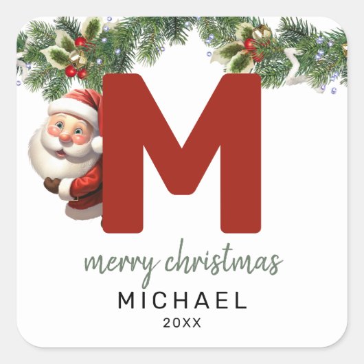 Kinder Monogram Kerst Vierkante Sticker (Voorkant)