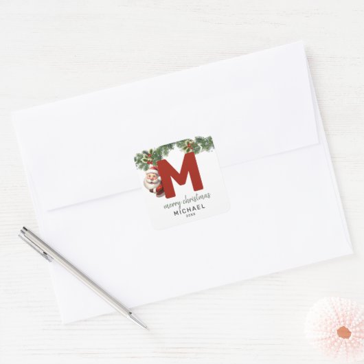 Kinder Monogram Kerst Vierkante Sticker (Envelop)