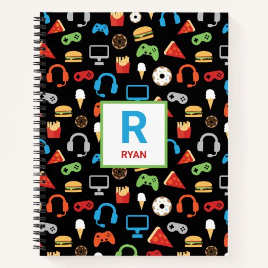 Kinder Monogrammed Video Game Party Pattern Gamer Notitieboek (Voorkant)