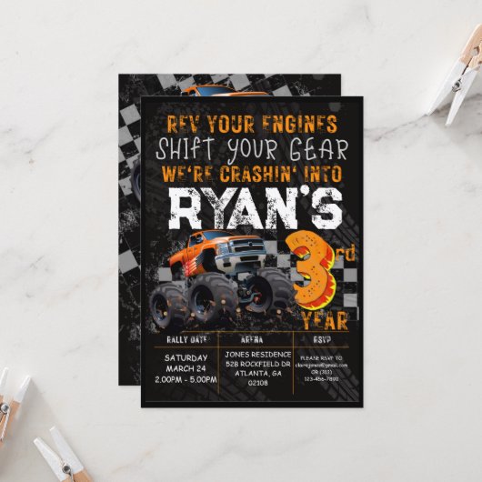 Kinder Monster Truck Rally 3rd Birthday Party Kaart (Voorkant / Achterkant in situ)