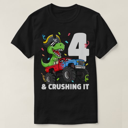 Kinder Monster Truck TRex Pirate 4e Verjaardag Jon T-shirt (Design voorkant)