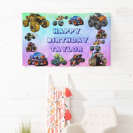 Kinder Monster Trucks Race Car Boy Verjaardagsfees Spandoek (Insitu)