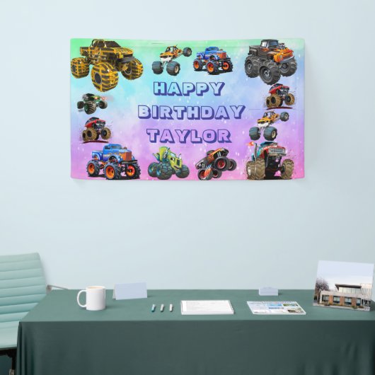 Kinder Monster Trucks Race Car Boy Verjaardagsfees Spandoek (Beurs)