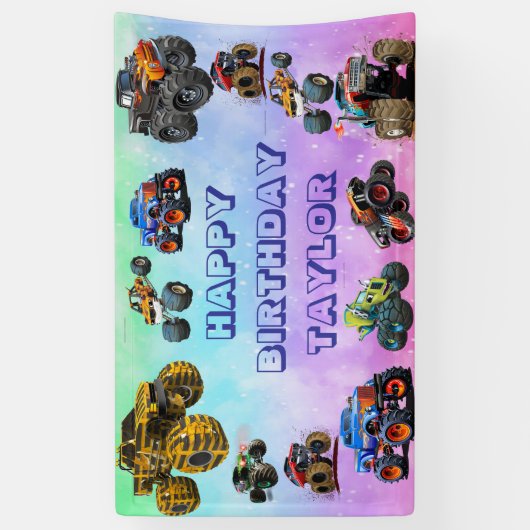 Kinder Monster Trucks Race Car Boy Verjaardagsfees Spandoek (Verticaal)