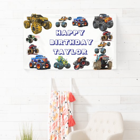 Kinder Monster Trucks Race Car Boy Verjaardagsfees Spandoek (Insitu)