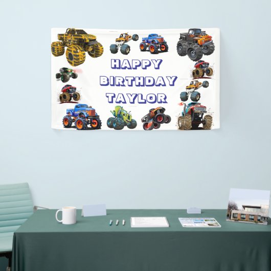 Kinder Monster Trucks Race Car Boy Verjaardagsfees Spandoek (Beurs)