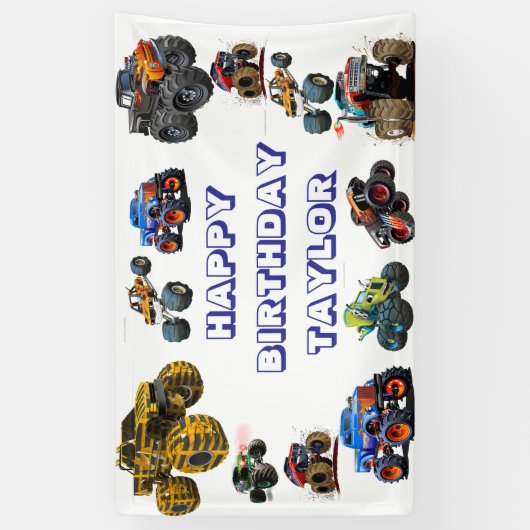 Kinder Monster Trucks Race Car Boy Verjaardagsfees Spandoek (Verticaal)